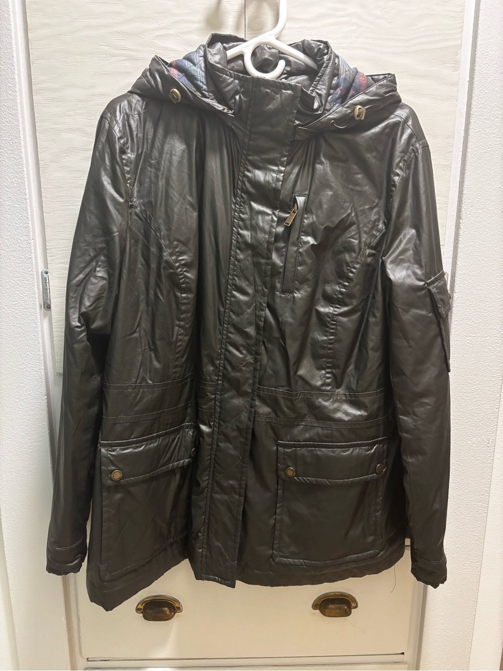 Pendleton Army Green Hooded Raincoat with Plaid Hood Lining